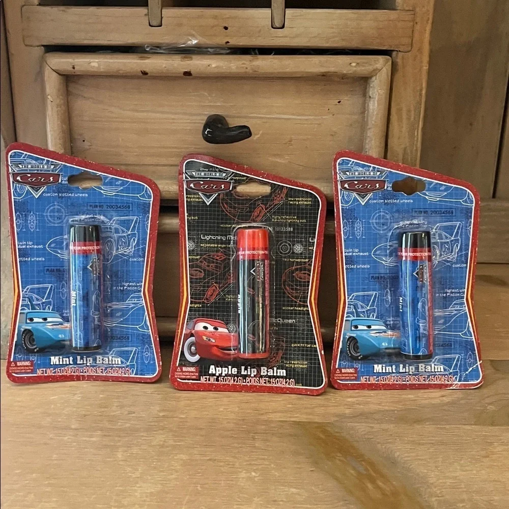 Disney Pixar CARS Lip Balm Lot of 3 Single Packs Mint & Apple New Sealed